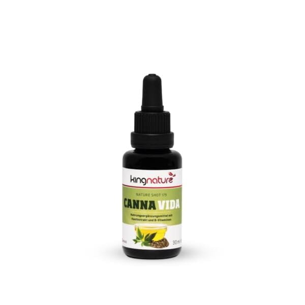 Auf einer kleinen dunklen 30-ml-Flasche mit der Aufschrift „Canna Vida“ und einem Tropfverschluss sind Blätter und Samen auf dem Etikett abgebildet, was darauf hinweist, dass sie Hanfextrakt und Vitamin E für eine natürliche Mischung enthält.