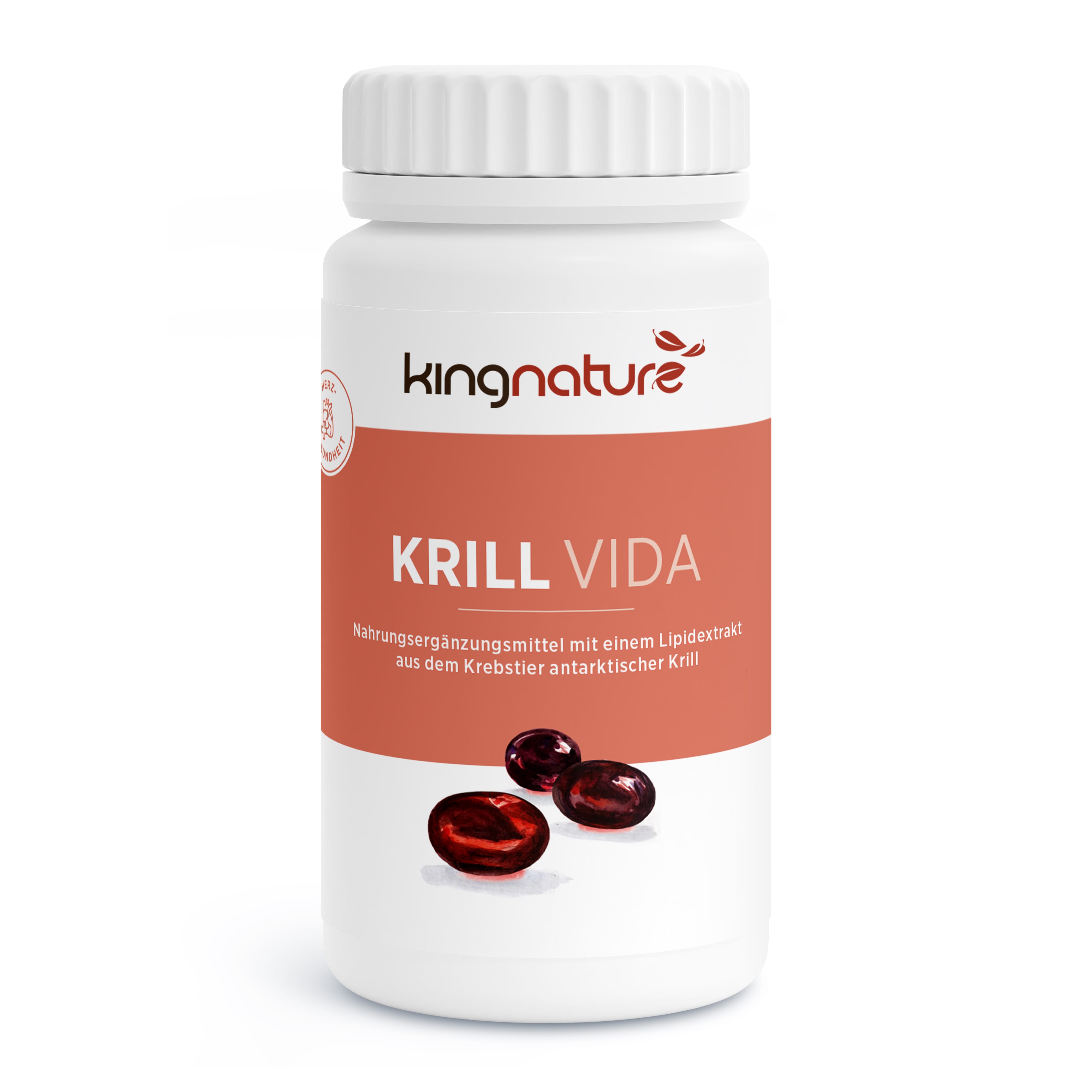 Eine weiße Flasche mit der Aufschrift „kingnature KRILL VIDA“ mit orangefarbenem Band und Abbildungen von Krillölkapseln. Der deutsche Text beschreibt es als Nahrungsergänzungsmittel mit Omega-3-Fettsäuren aus antarktischem Krill.