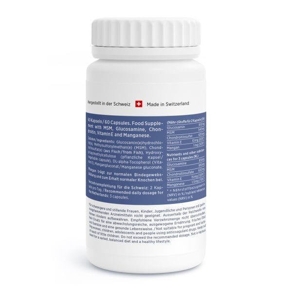 Eine weiße Flasche mit Nahrungsergänzungsmittel, auf deren Etikett MSM, Glucosamin, Chondroitin, Vitamine und Mineralstoffe stehen. Die Verpackung zeigt Text in Deutsch und Englisch sowie ein Schweizer Flaggensymbol.