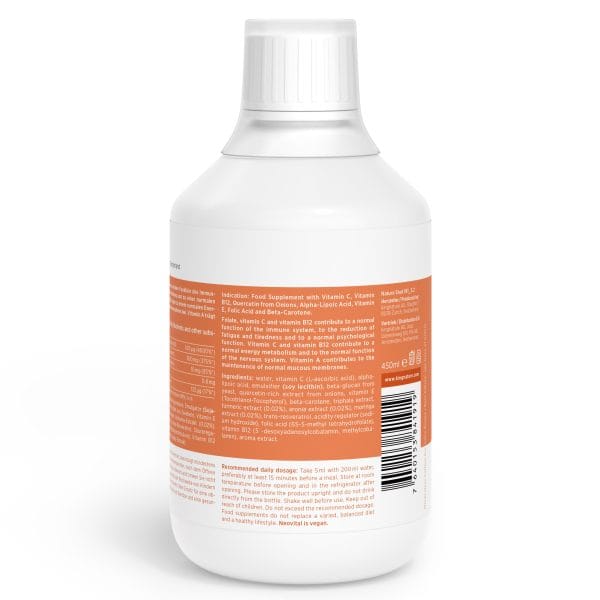Eine weiße Plastikflasche mit orangefarbenem Etikett zeigt Nährwertangaben, Zutaten, Barcode und Dosierungsanweisungen für ein Vitamin-C-Präparat. Der versiegelte Verschluss sorgt für Frische und der ausführliche Etikettentext ist gut lesbar.