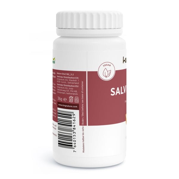 Eine weiße Tablettenflasche aus Kunststoff mit weißem Verschluss trägt ein kastanienbraun-weißes Etikett mit einem veganen Symbol, einem Barcode, Produktinformationen und Vertriebsdetails. Der Markenname „kingnature“ ist teilweise sichtbar und unterstreicht die veganfreundliche Formel.