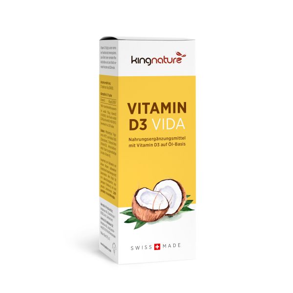 Vitamin D3 Vida: In der Schweiz hergestelltes Nahrungsergänzungsmittel mit Vitamin D3 auf Ölbasis, gelbes Etikett mit Kokosnussmotiv. Ideal für alle, die Vitamin D kaufen möchten.