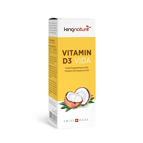 Eine gelb-weiße Schachtel des Nahrungsergänzungsmittels Vitamin D3 Vida mit dem Bild einer geknackten Kokosnuss und dem Text „Vitamin D3 auf Ölbasis“ und „Swiss Made“ – ideal für alle, die Vitamin D kaufen möchten.