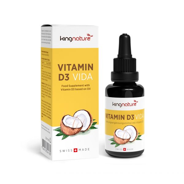 Eine Schachtel und eine Tropfflasche Vitamin D3 Vida mit Kokosnuss-Illustrationen und gelben Akzenten. Die Swiss Made-Verpackung unterstreicht die Qualität – jetzt Vitamin D kaufen!.