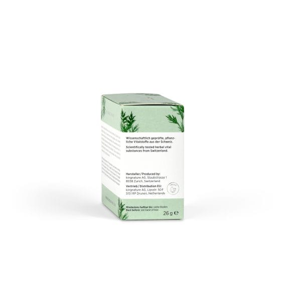 Der Artemisia Shot wird in einer kleinen, weiß-grünen 26-g-Dose mit botanischen Illustrationen und deutsch-englischem Text zu Schweizer Kräuterzutaten geliefert. Dieses Produkt wird in den Niederlanden hergestellt.